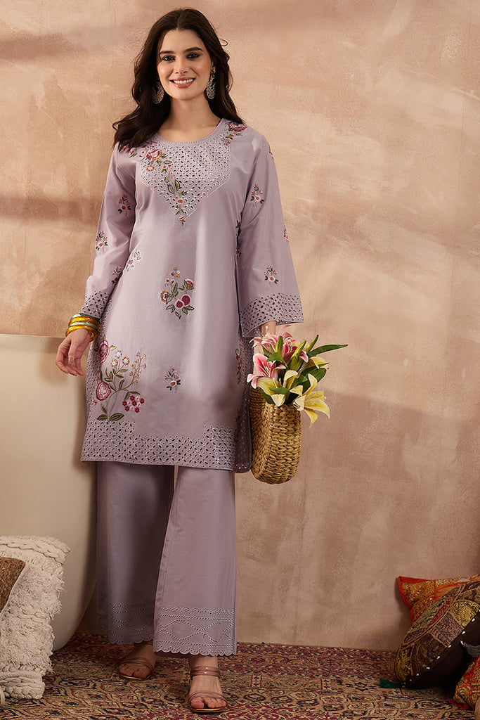 Lavender Pure Cotton Embroidered Straight Coord Sets VCORD1165
