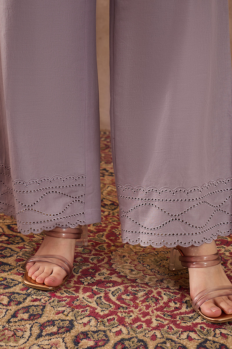 Lavender Pure Cotton Embroidered Straight Coord Sets VCORD1165