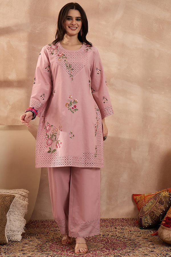 Pink Pure Cotton Embroidered Straight Coord Sets VCORD1166