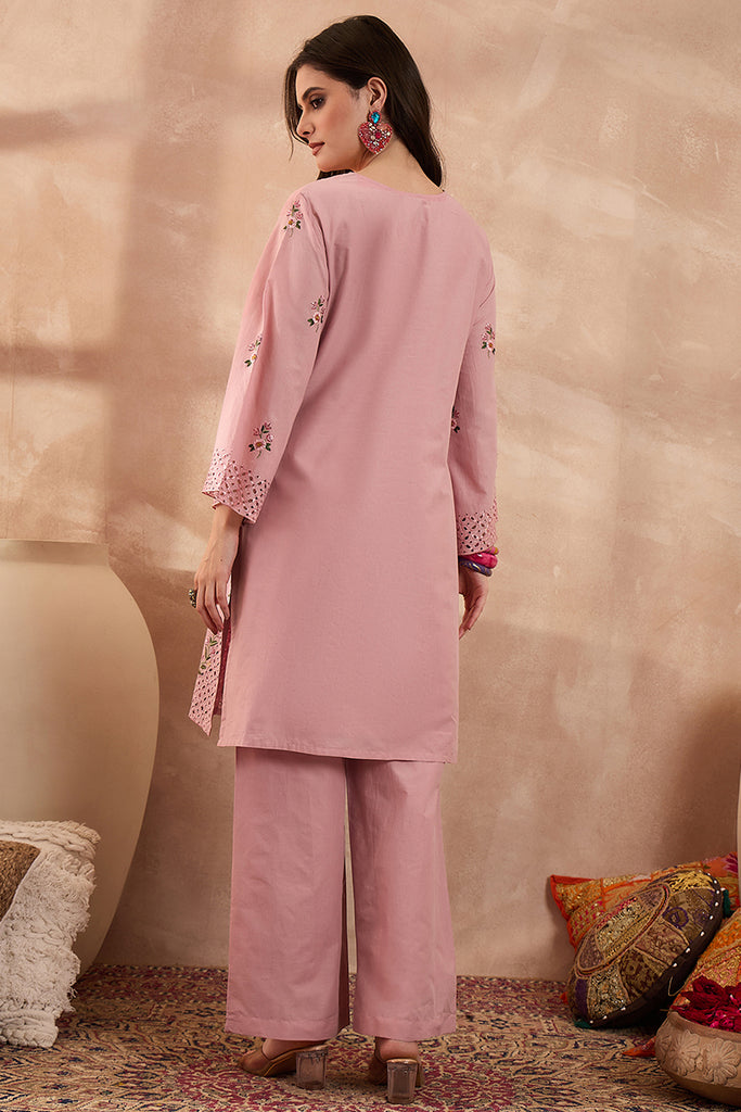 Pink Pure Cotton Embroidered Straight Coord Sets VCORD1166