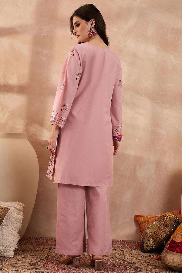 Pink Pure Cotton Embroidered Straight Coord Sets VCORD1166