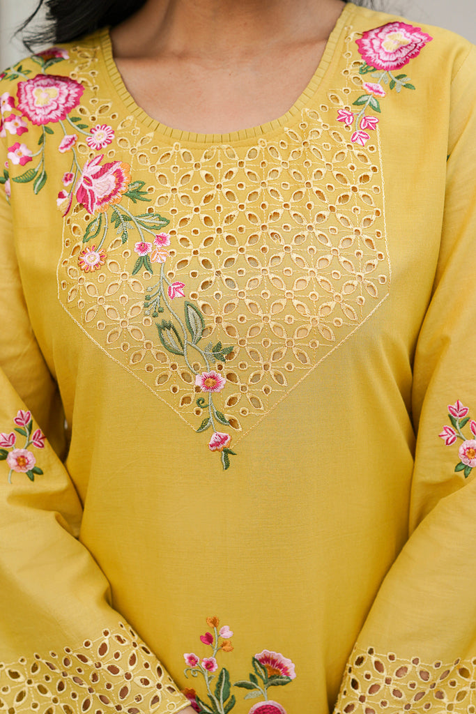 Yellow Pure Cotton Solid Embroidered Coord Sets VCORD1167