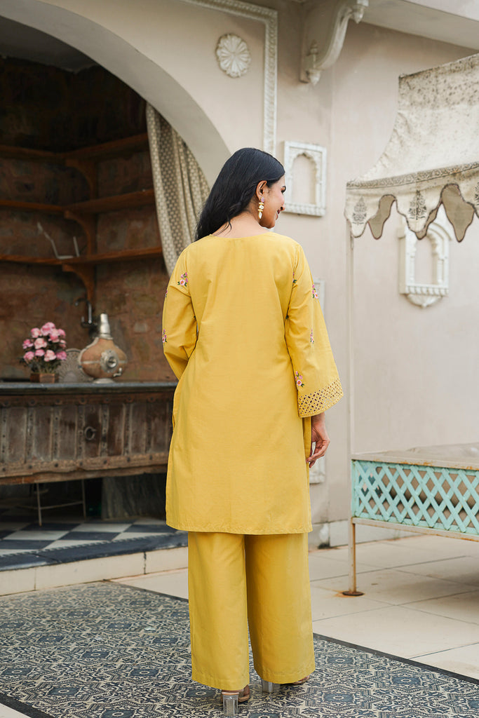 Yellow Pure Cotton Solid Embroidered Coord Sets VCORD1167