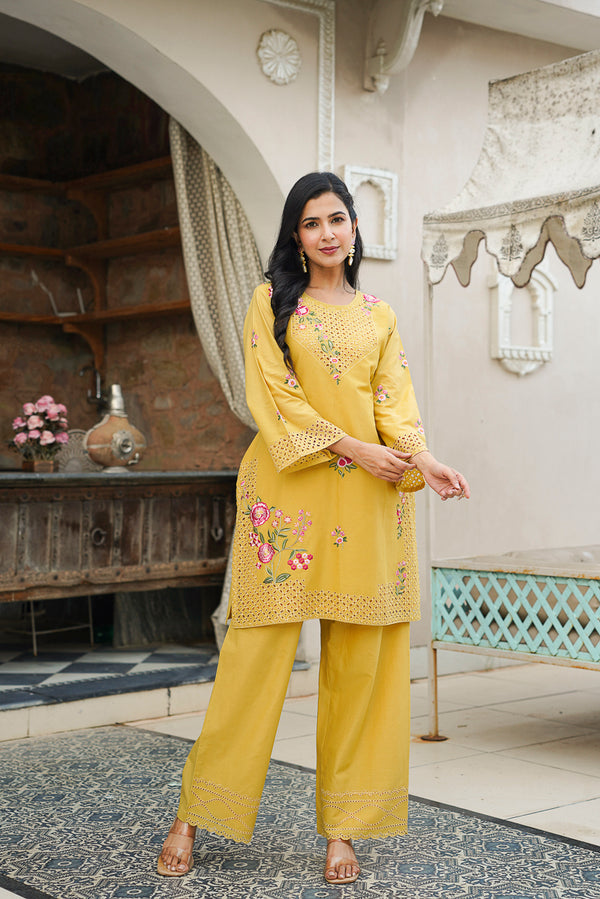 Yellow Pure Cotton Solid Embroidered Coord Sets VCORD1167