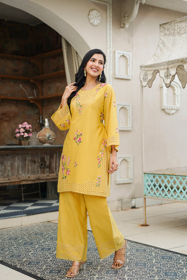Yellow Pure Cotton Solid Embroidered Coord Sets VCORD1167