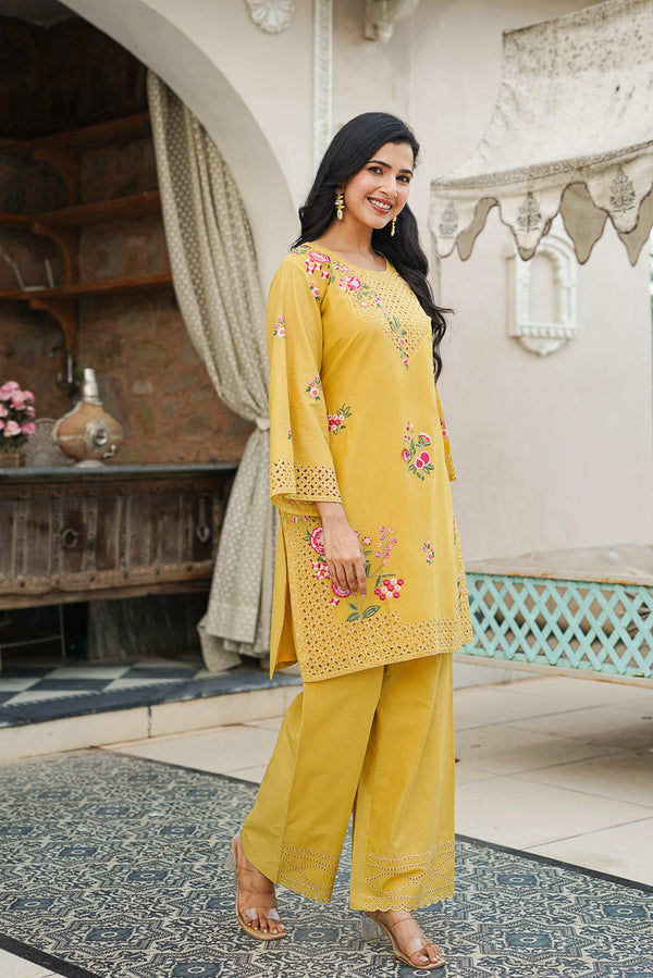 Yellow Pure Cotton Solid Embroidered Coord Sets VCORD1167