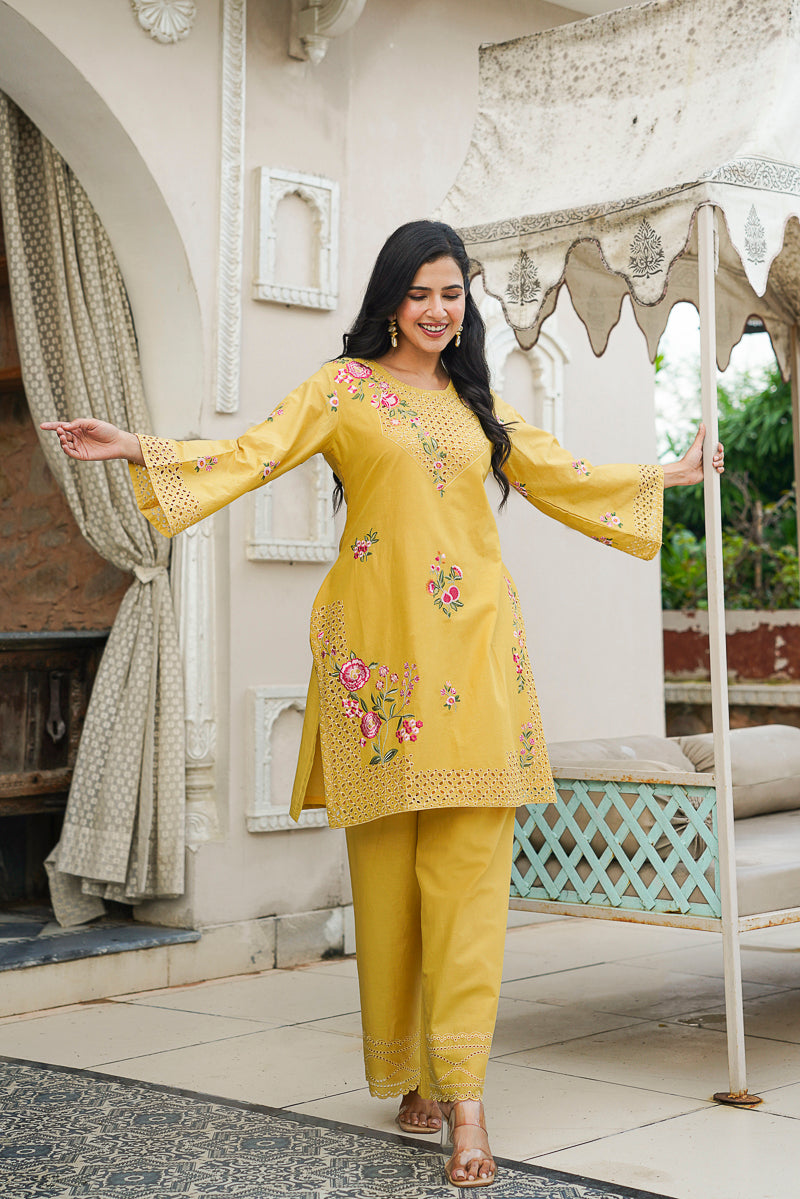 Yellow Pure Cotton Solid Embroidered Coord Sets VCORD1167