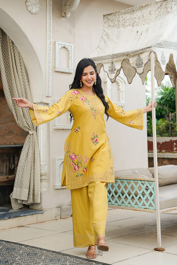 Yellow Pure Cotton Solid Embroidered Coord Sets VCORD1167