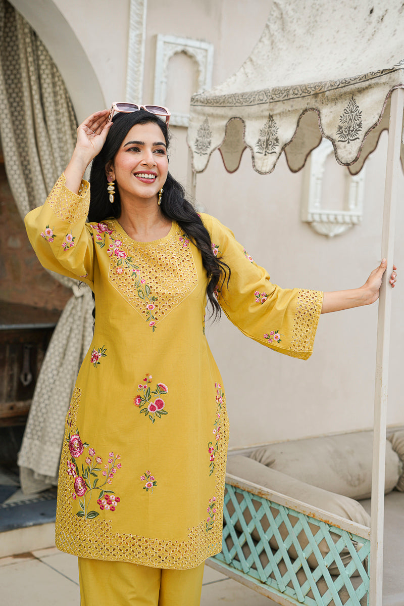 Yellow Pure Cotton Solid Embroidered Coord Sets VCORD1167