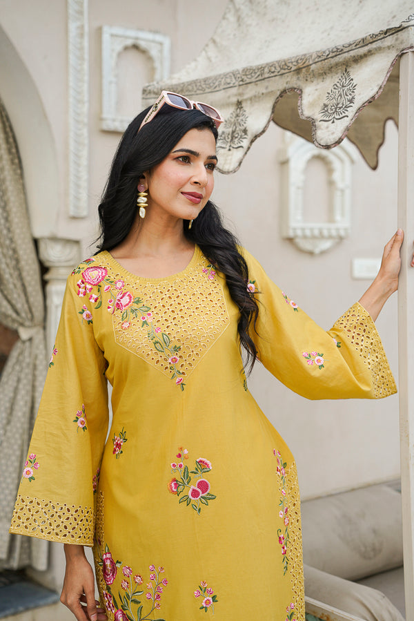 Yellow Pure Cotton Solid Embroidered Coord Sets VCORD1167
