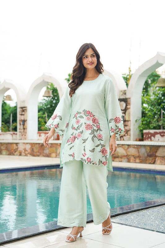 Green Silk Blend Solid Embroidered Coord Sets VCORD1171