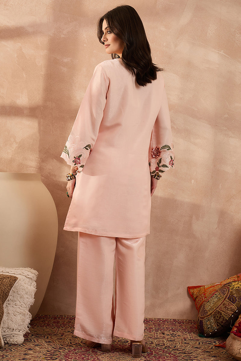 Peach Silk Blend Embroidered Scalloped Coord Sets VCORD1172