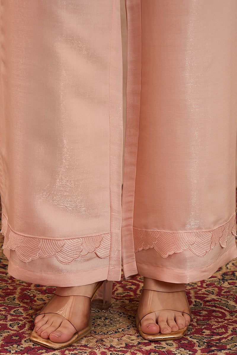 Peach Silk Blend Embroidered Scalloped Coord Sets VCORD1172