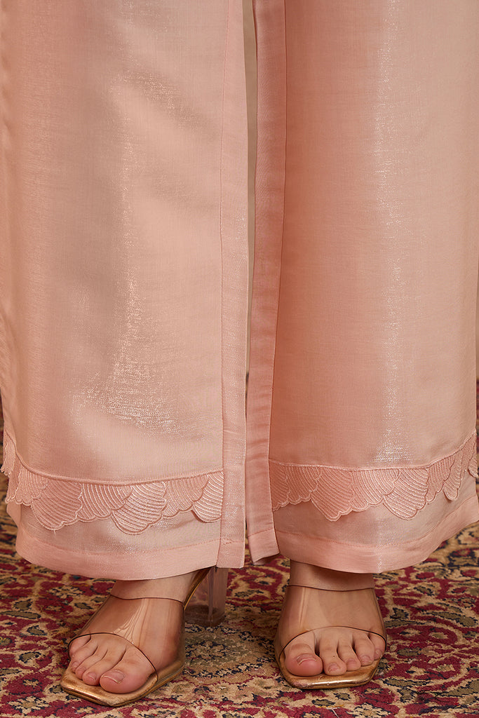 Peach Silk Blend Embroidered Scalloped Coord Sets VCORD1172