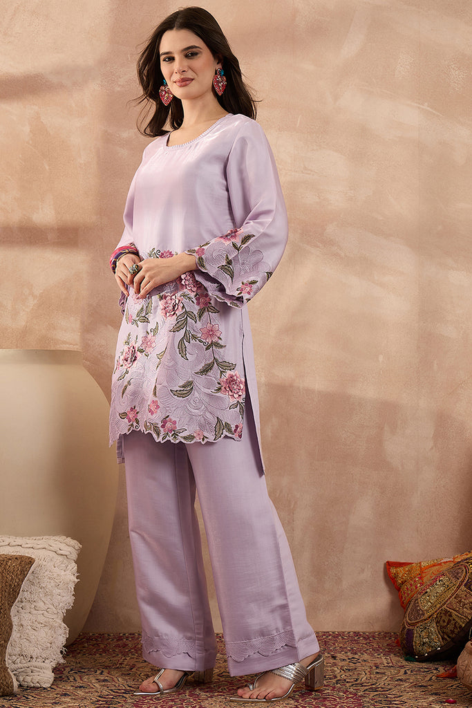 Lavender Silk Blend Embroidered Scalloped Coord Sets VCORD1173