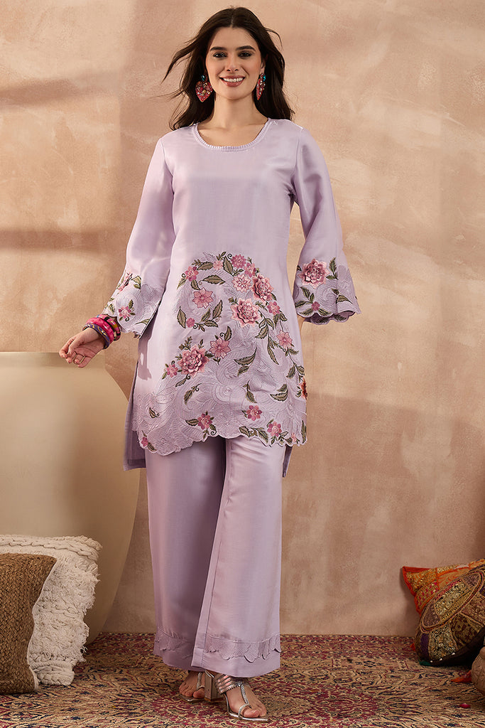Lavender Silk Blend Embroidered Scalloped Coord Sets VCORD1173