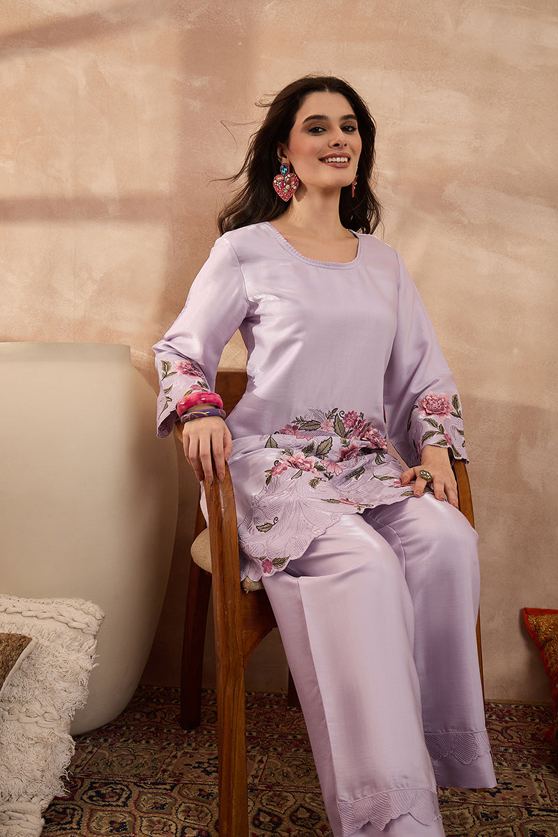 Lavender Silk Blend Embroidered Scalloped Coord Sets VCORD1173