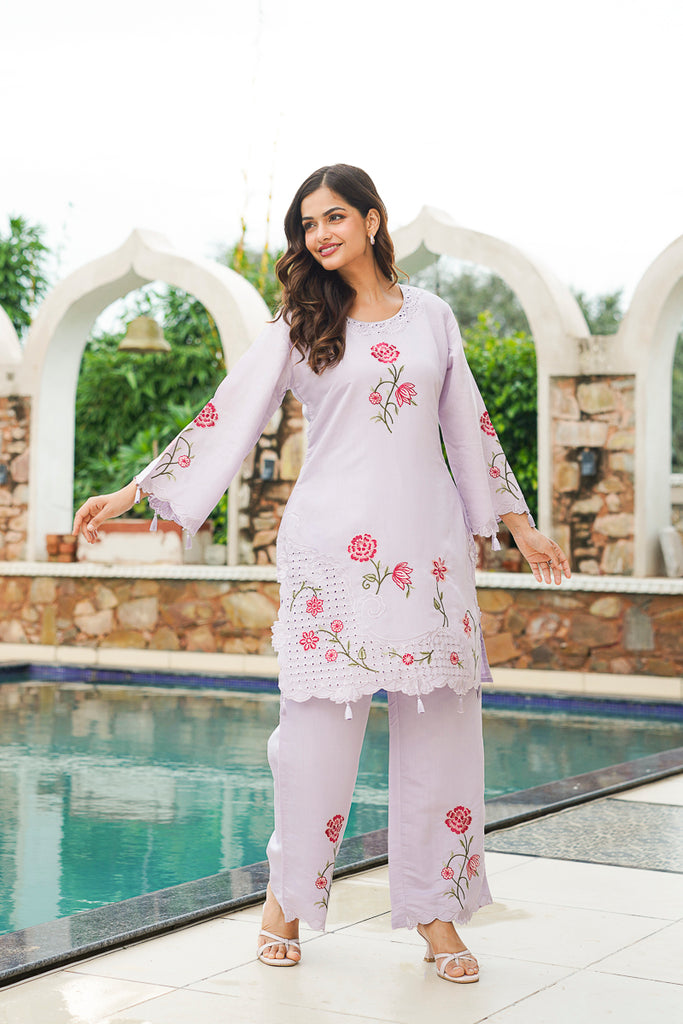 Lavender Silk Blend Solid Embroidered Coord Sets VCORD1174
