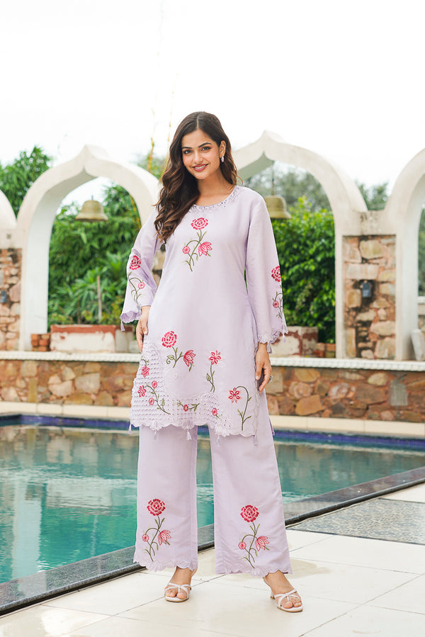 Lavender Silk Blend Solid Embroidered Coord Sets VCORD1174