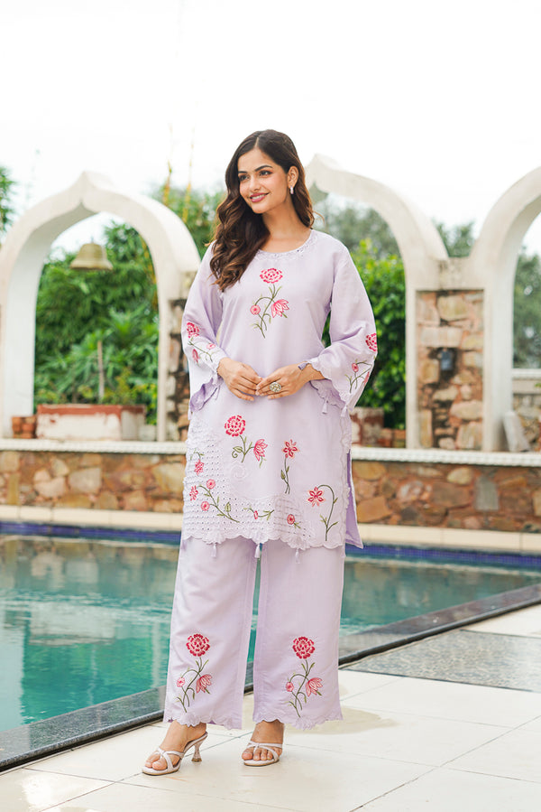 Lavender Silk Blend Solid Embroidered Coord Sets VCORD1174