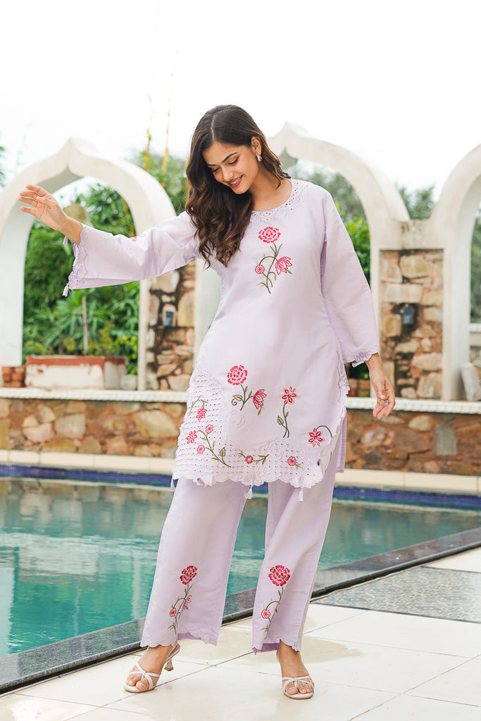 Lavender Silk Blend Solid Embroidered Coord Sets VCORD1174