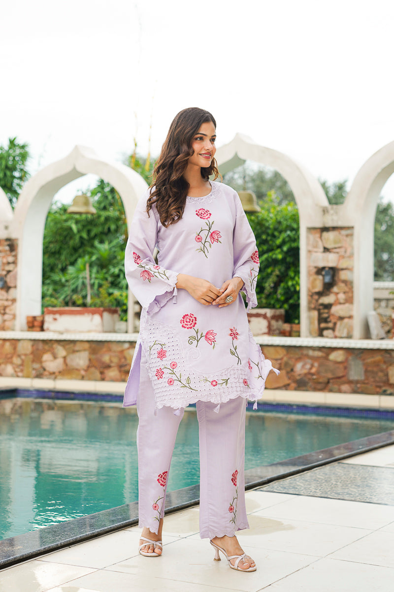 Lavender Silk Blend Solid Embroidered Coord Sets VCORD1174