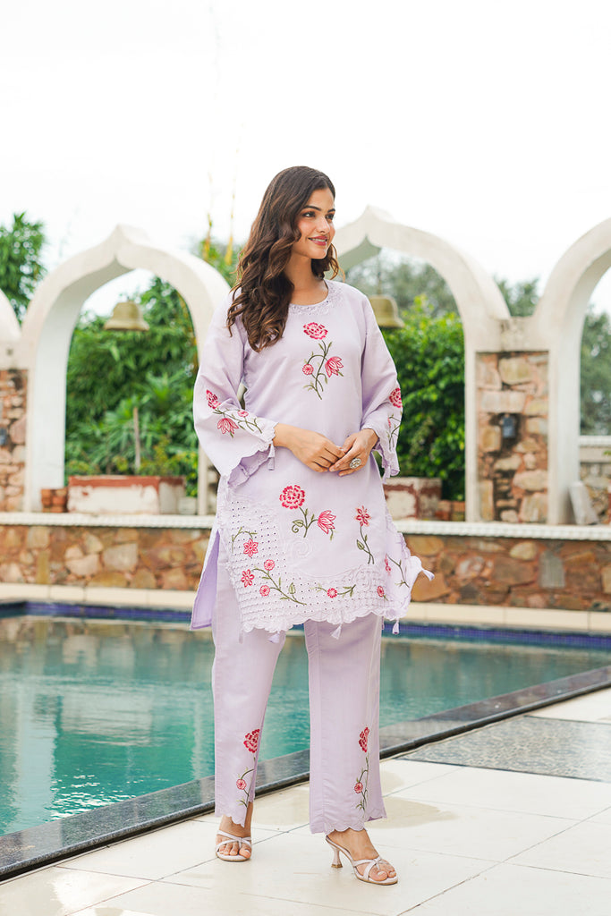 Lavender Silk Blend Solid Embroidered Coord Sets VCORD1174
