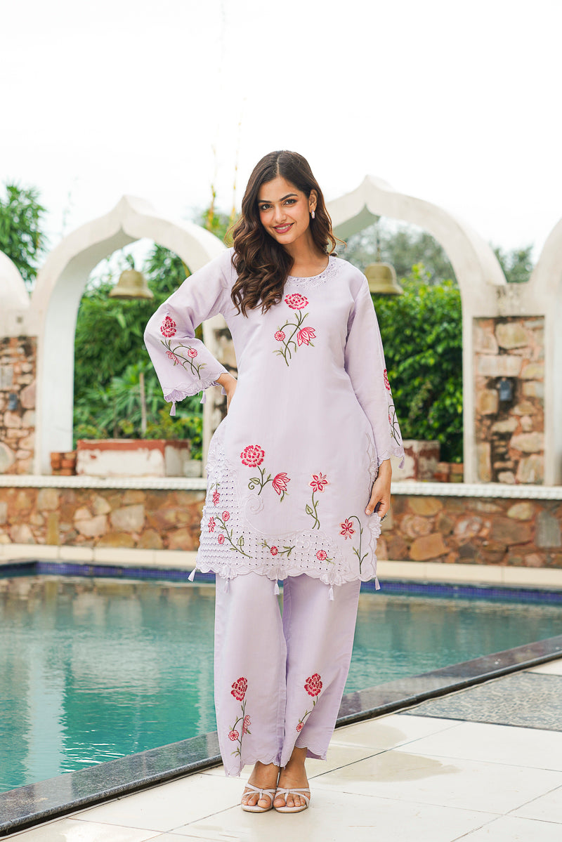 Lavender Silk Blend Solid Embroidered Coord Sets VCORD1174