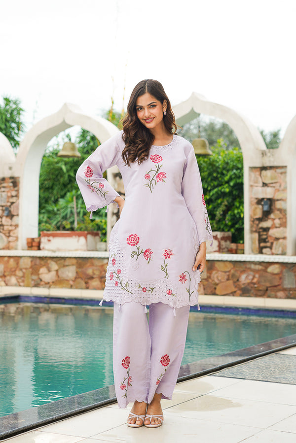 Lavender Silk Blend Solid Embroidered Coord Sets VCORD1174