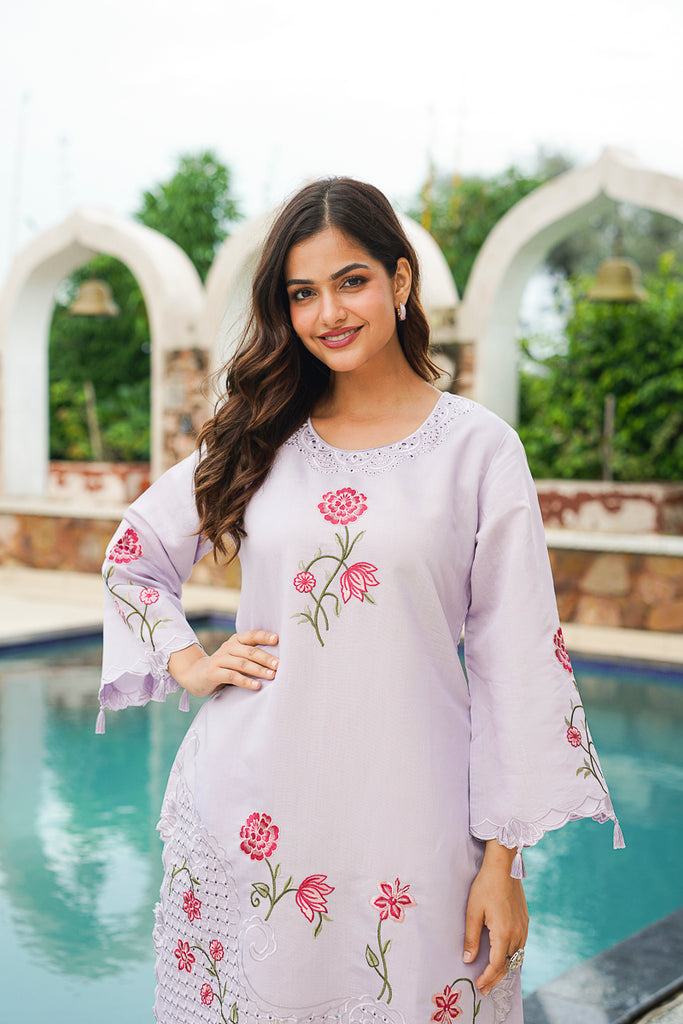 Lavender Silk Blend Solid Embroidered Coord Sets VCORD1174