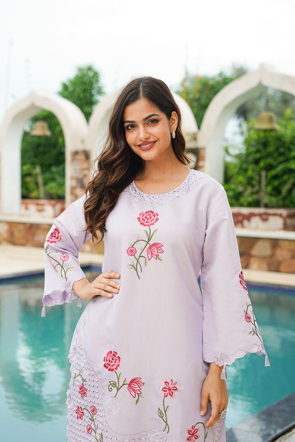 Lavender Silk Blend Solid Embroidered Coord Sets VCORD1174