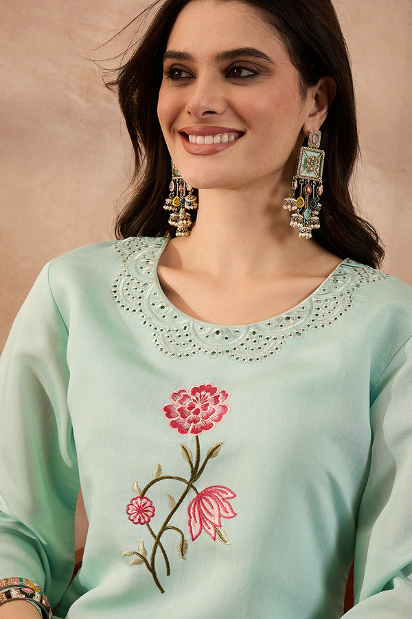 Blue Silk Blend Embroidered Scalloped Coord Sets VCORD1175