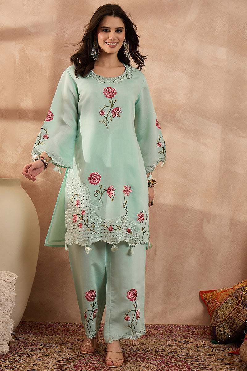 Blue Silk Blend Embroidered Scalloped Coord Sets VCORD1175