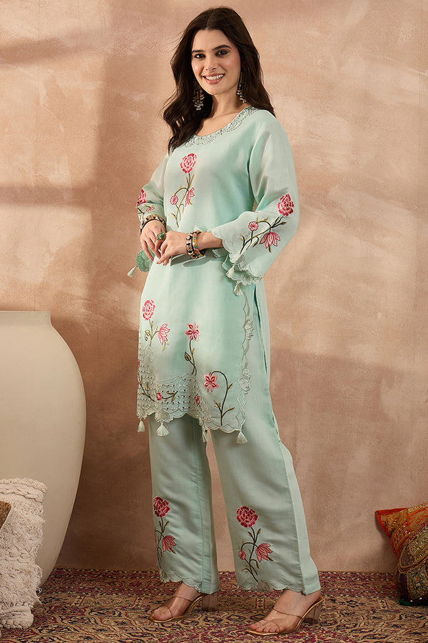 Blue Silk Blend Embroidered Scalloped Coord Sets VCORD1175