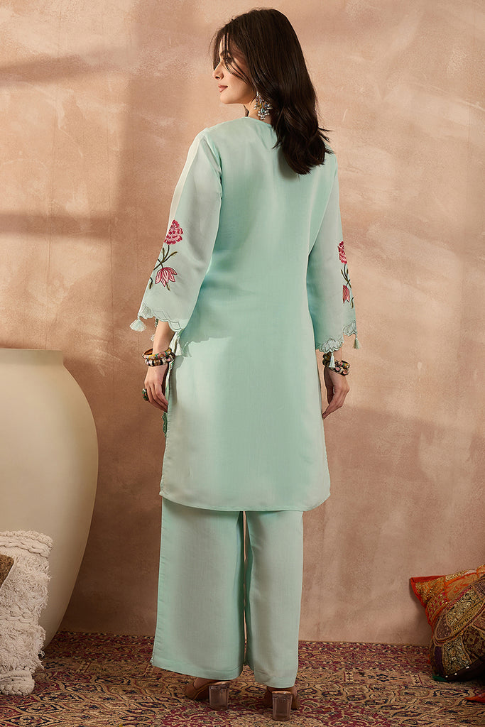 Blue Silk Blend Embroidered Scalloped Coord Sets VCORD1175