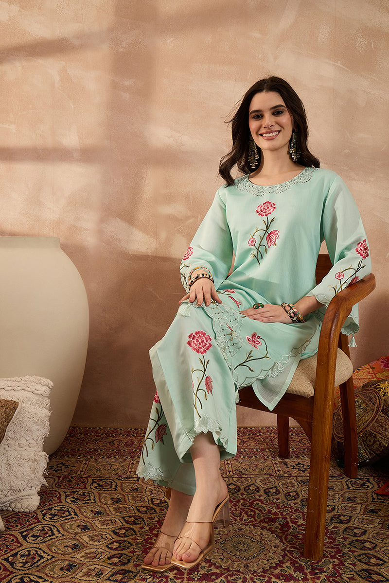 Blue Silk Blend Embroidered Scalloped Coord Sets VCORD1175