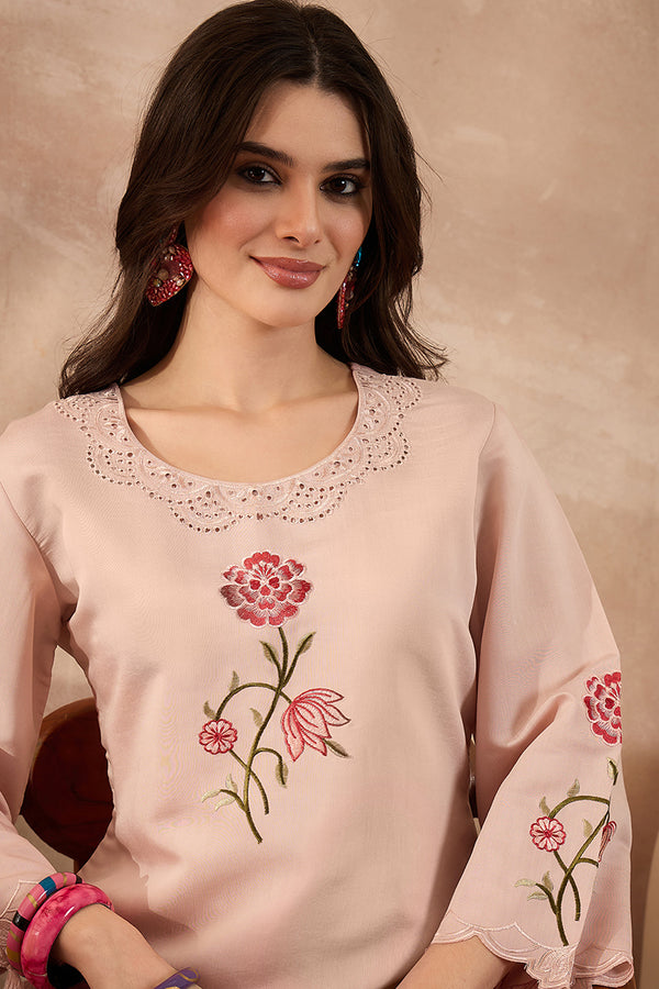 Peach Silk Blend Embroidered Scalloped Coord Sets VCORD1176