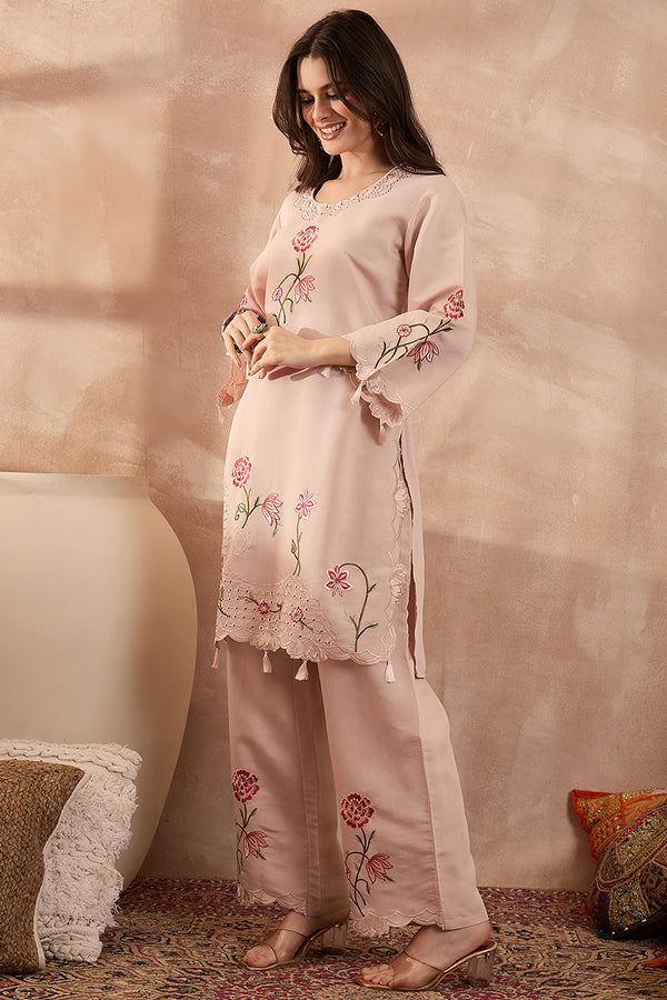 Peach Silk Blend Embroidered Scalloped Coord Sets VCORD1176