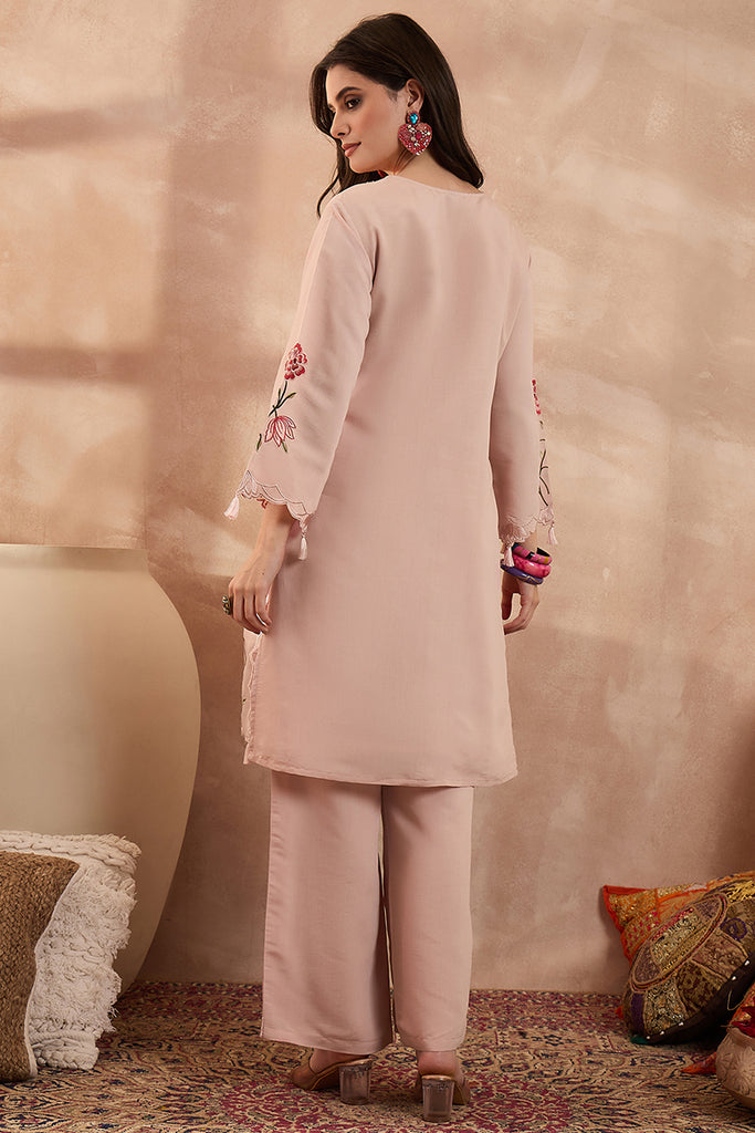Peach Silk Blend Embroidered Scalloped Coord Sets VCORD1176