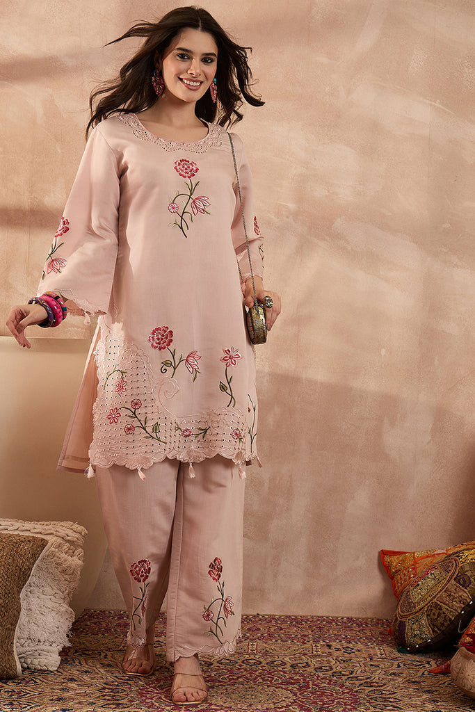 Peach Silk Blend Embroidered Scalloped Coord Sets VCORD1176