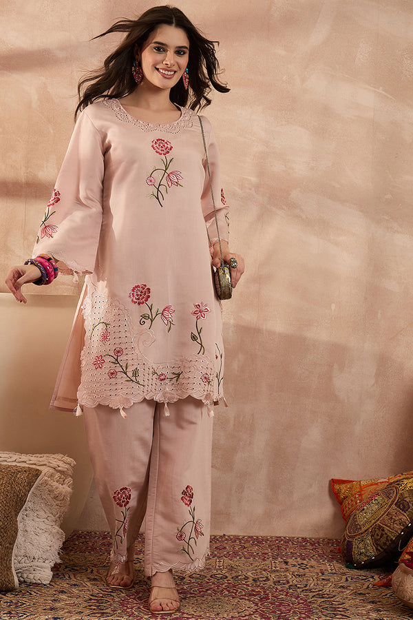 Peach Silk Blend Embroidered Scalloped Coord Sets VCORD1176