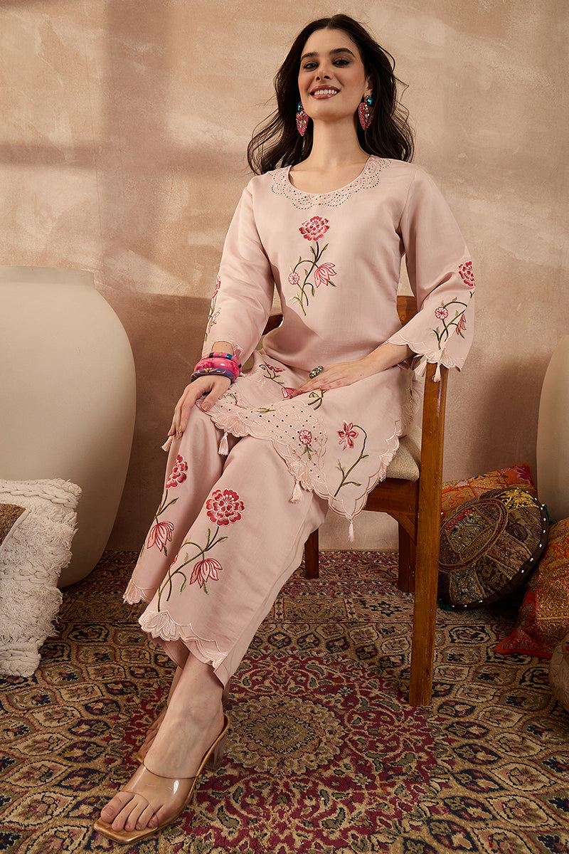 Peach Silk Blend Embroidered Scalloped Coord Sets VCORD1176