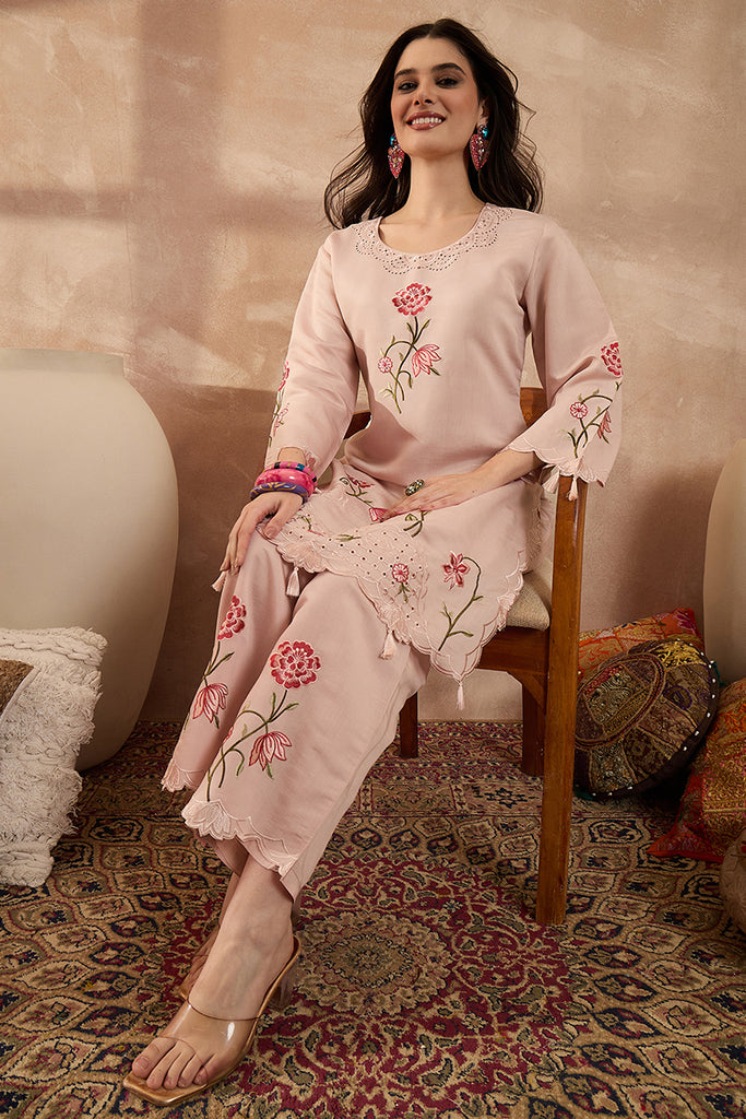 Peach Silk Blend Embroidered Scalloped Coord Sets VCORD1176