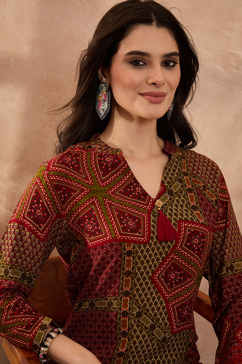 Red Viscose Rayon Printed Straight Coord Sets VCORD1199