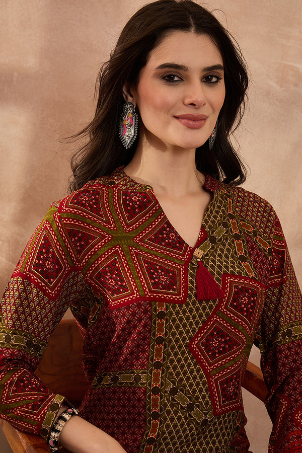 Red Viscose Rayon Printed Straight Coord Sets VCORD1199