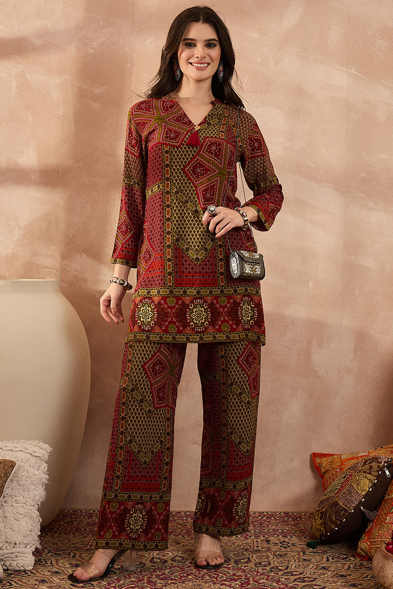 Red Viscose Rayon Printed Straight Coord Sets VCORD1199