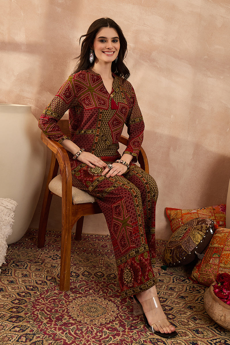 Red Viscose Rayon Printed Straight Coord Sets VCORD1199