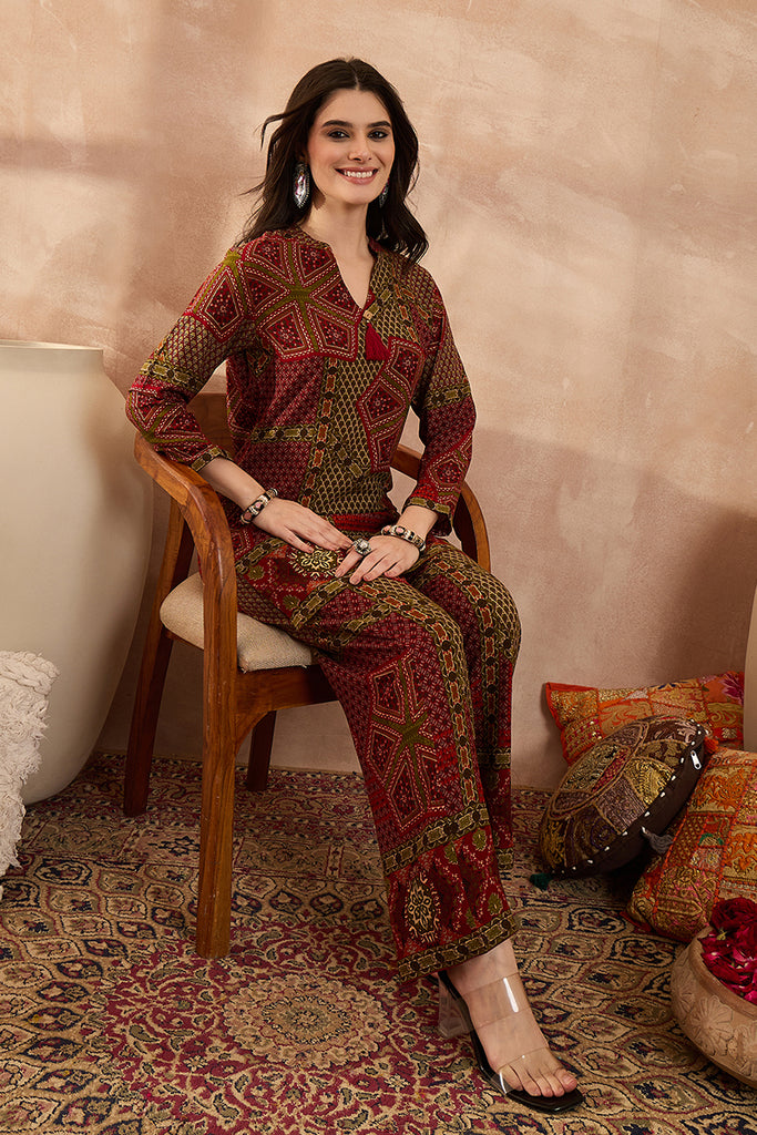 Red Viscose Rayon Printed Straight Coord Sets VCORD1199