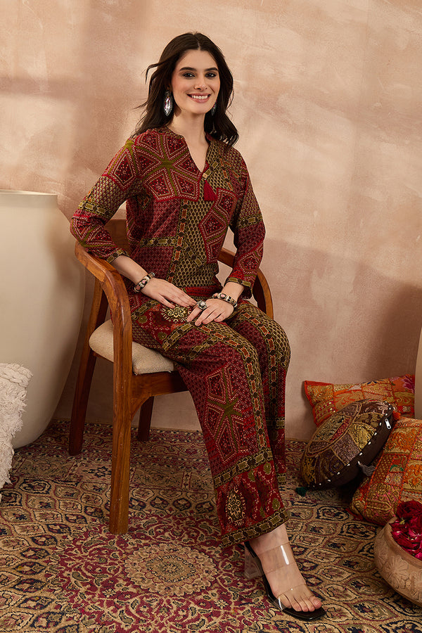 Red Viscose Rayon Printed Straight Coord Sets VCORD1199