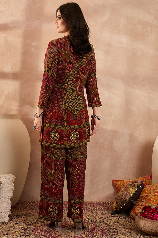 Red Viscose Rayon Printed Straight Coord Sets VCORD1199